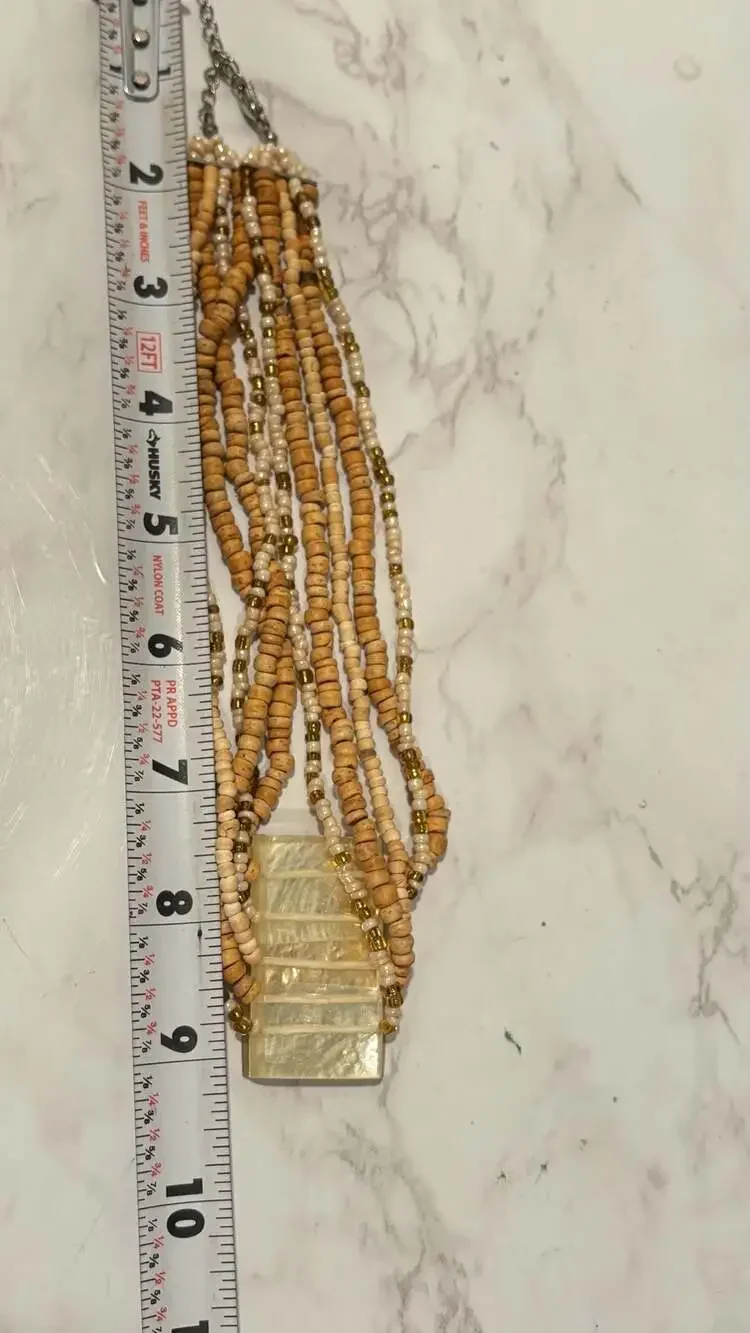 Multistrand Boho Necklace Wooden Beads Large Lucite/Resin Square Pendant